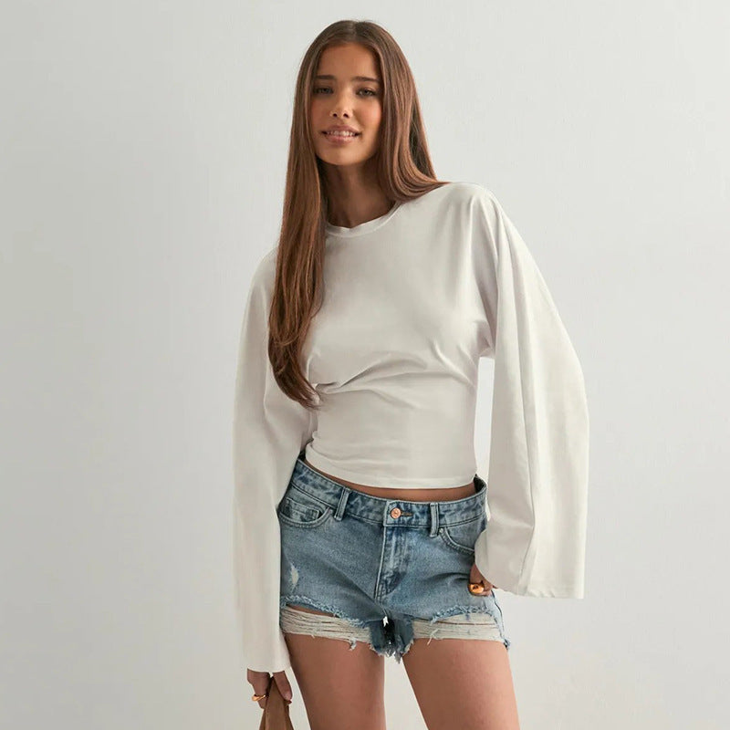 Women's Color Round Neck Shoulder Across Sleeve Sexy Women's T-shirt