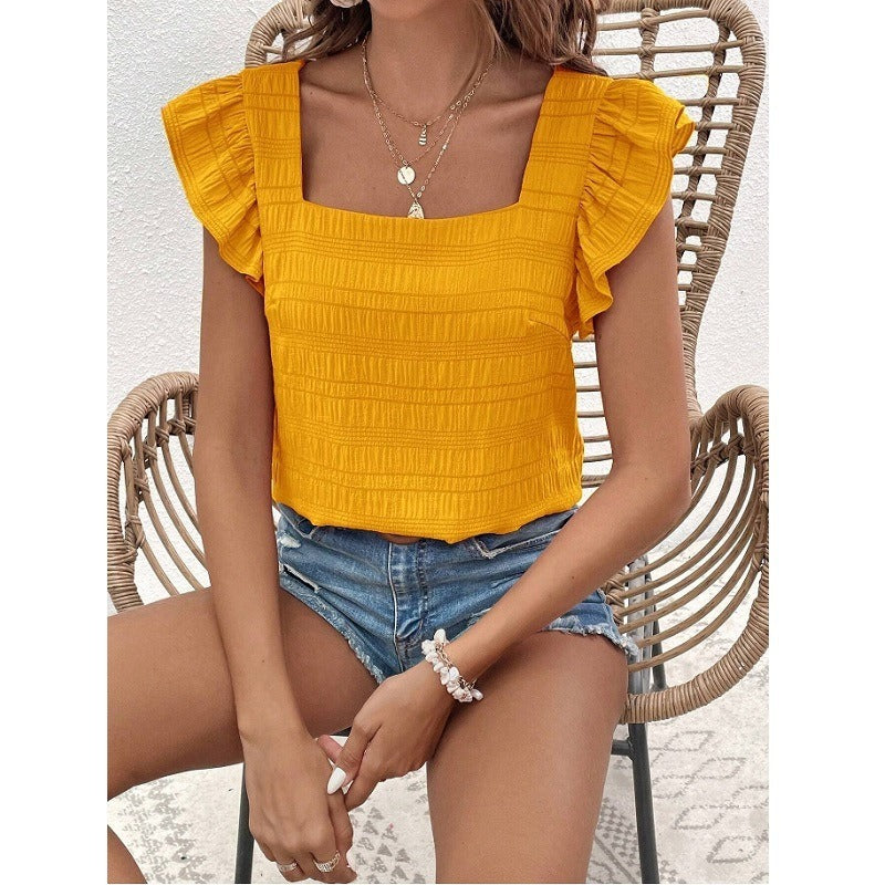 Women's Square Collar Ruffles Sleeve Shirt Female Tops