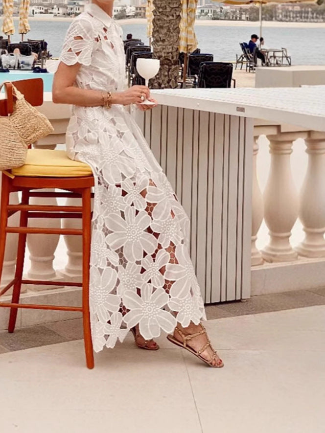 Women's Fashion Casual Lace Solid Color Single-breasted Dress