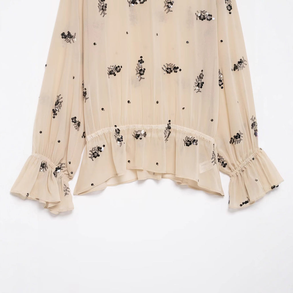Trendy Early Spring Sequin Translucent Shirt Blouse