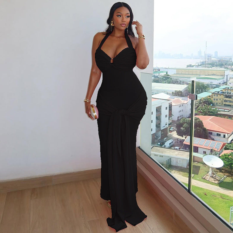 Women's Tight Cross Strap Backless Sheath Pleated Halter Dress