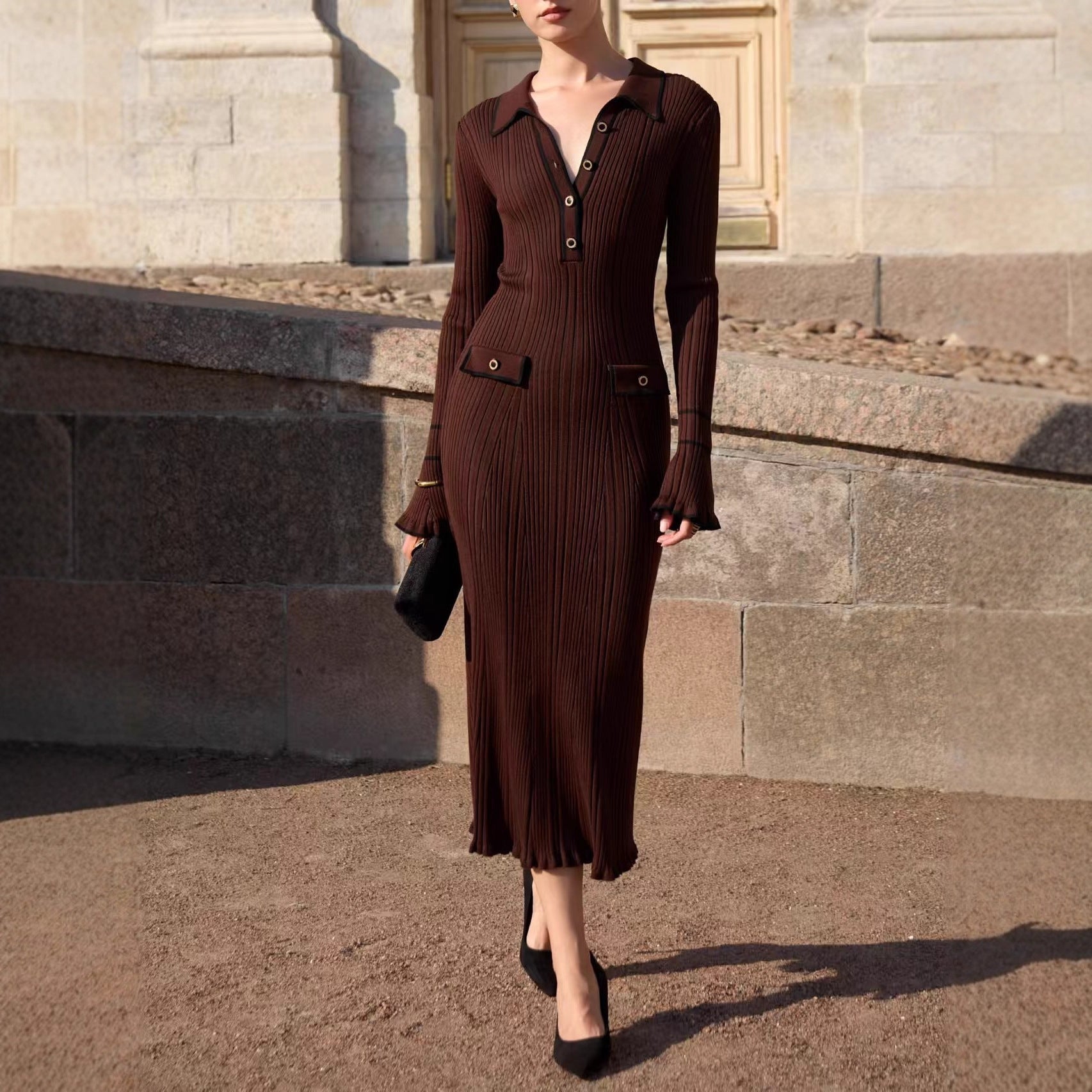 Entry Lux Ruffled Knitted Woolen Lapel Tight Dress