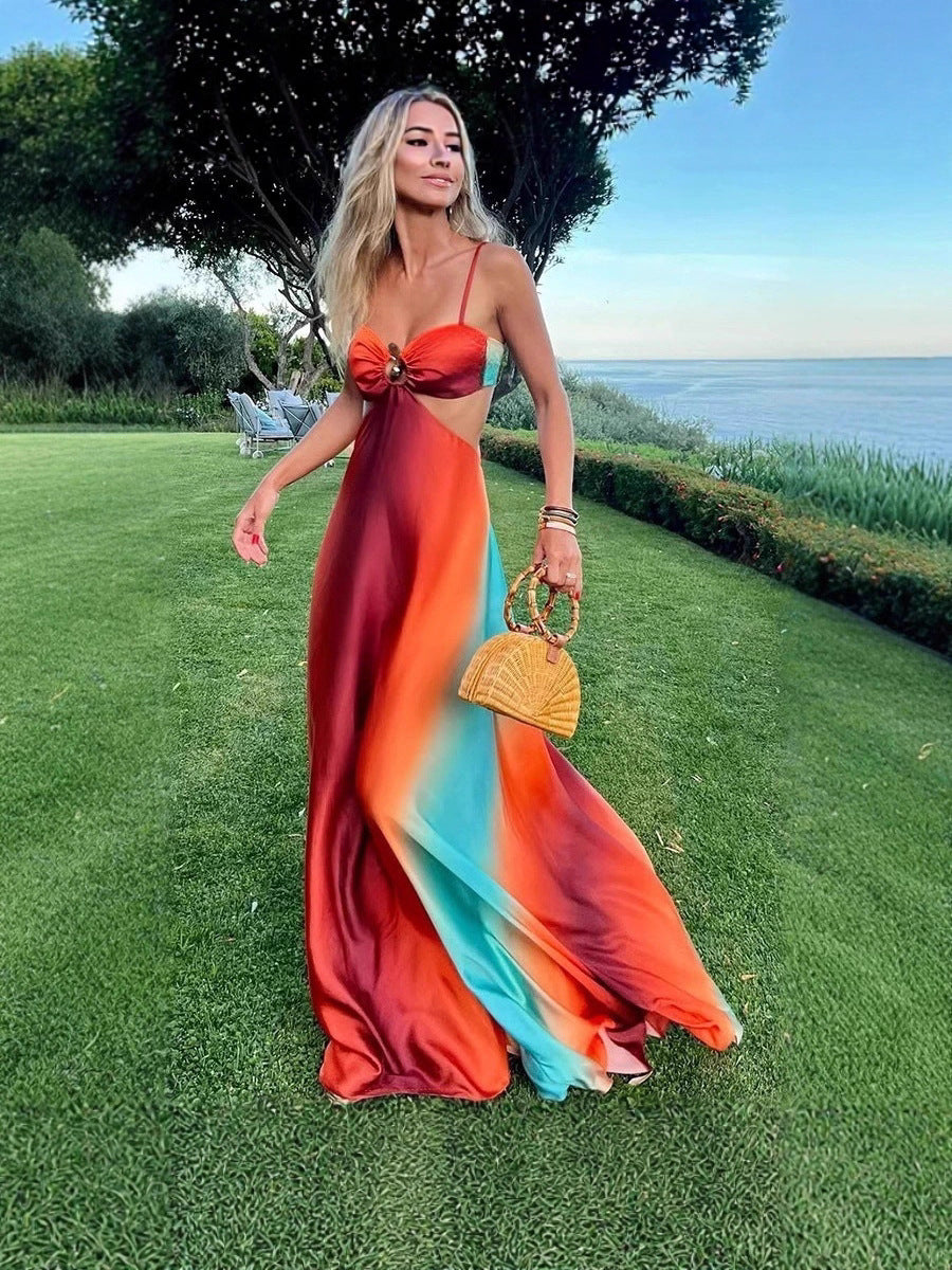 Sexy Sling Gradient Color Island Style Dress