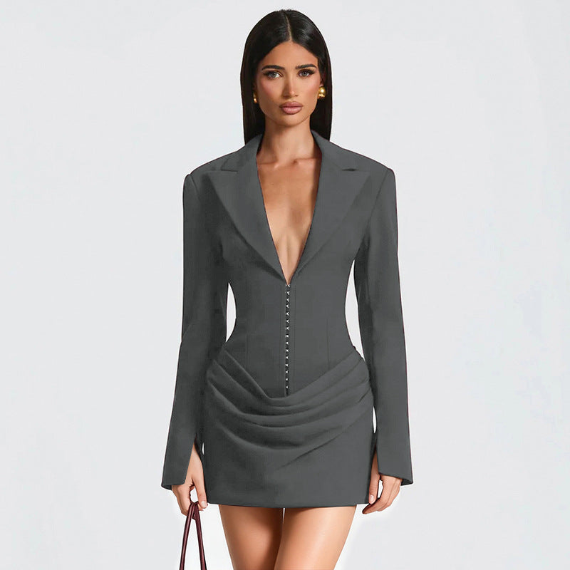 Women's Temperament Pure Color Deep Lapel Pleated Mini Dress