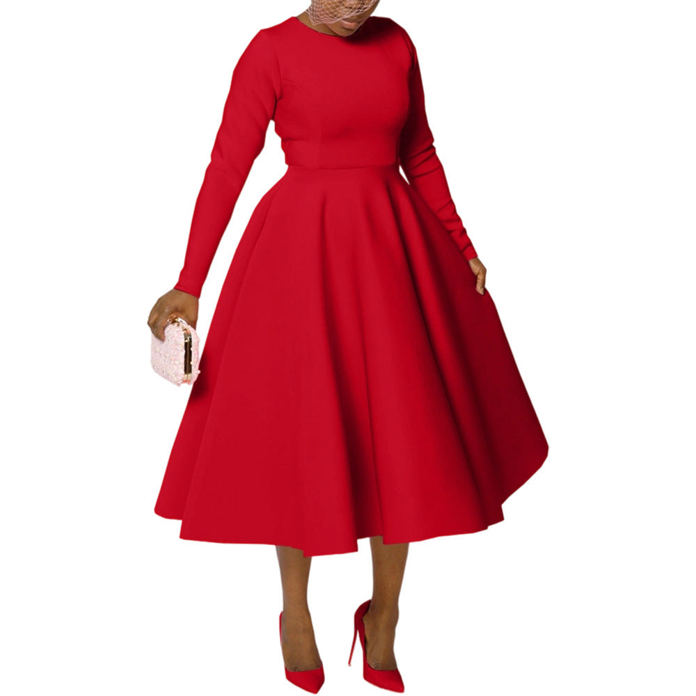 Women's Solid Color Round Neck Long Sleeve Flat Part Of Knife Dress