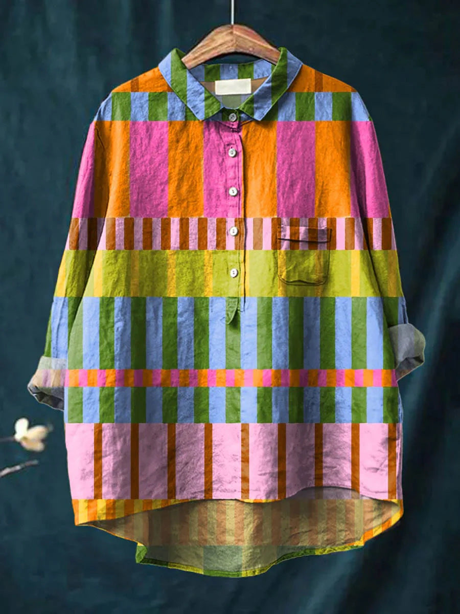 Slouchy Women's Shirt Printed Linen Fabric Blouse