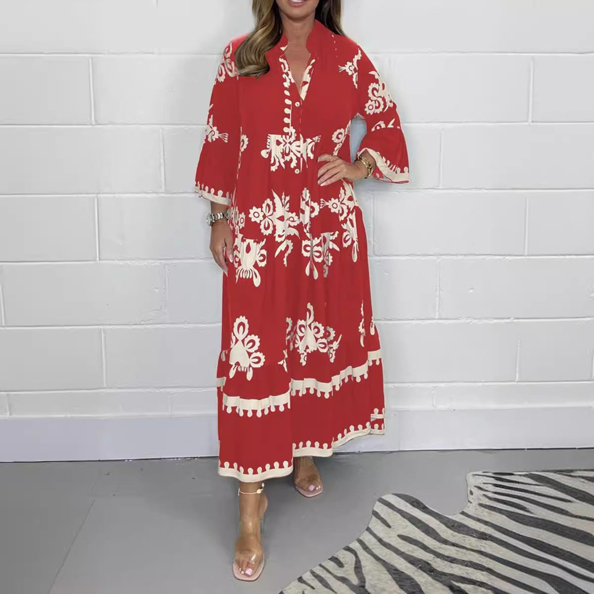 Women's Elegant Print Stand-up Collar Cinched Dress