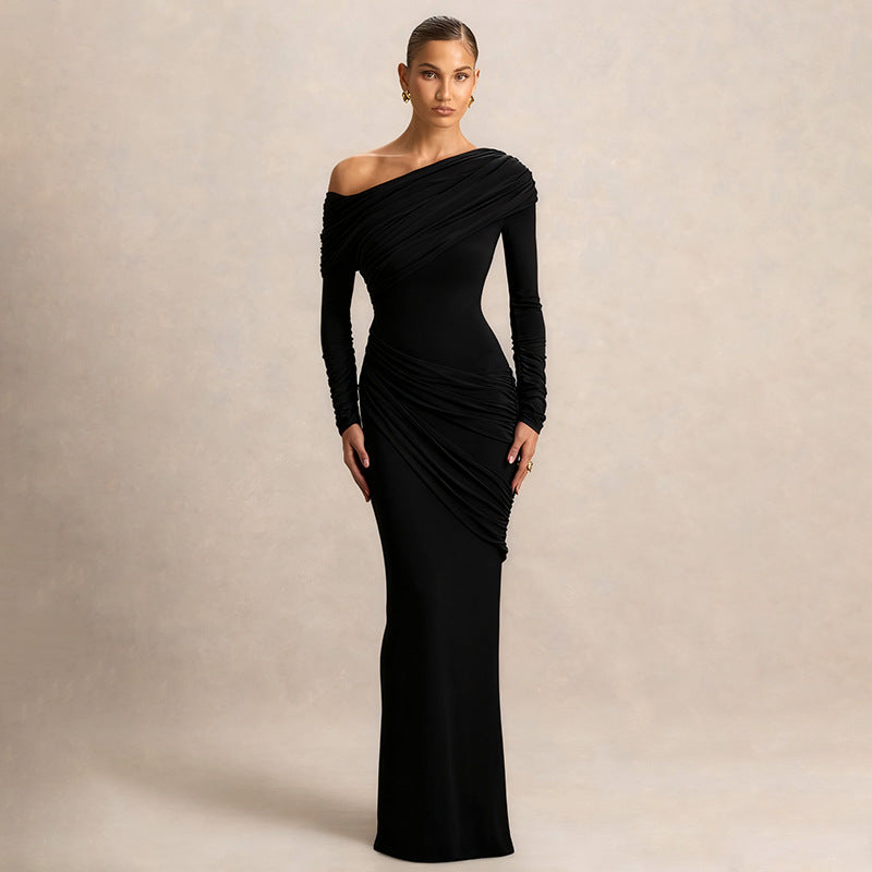 Women's Solid Color Elegant Asymmetric Neckline Pleated Dress