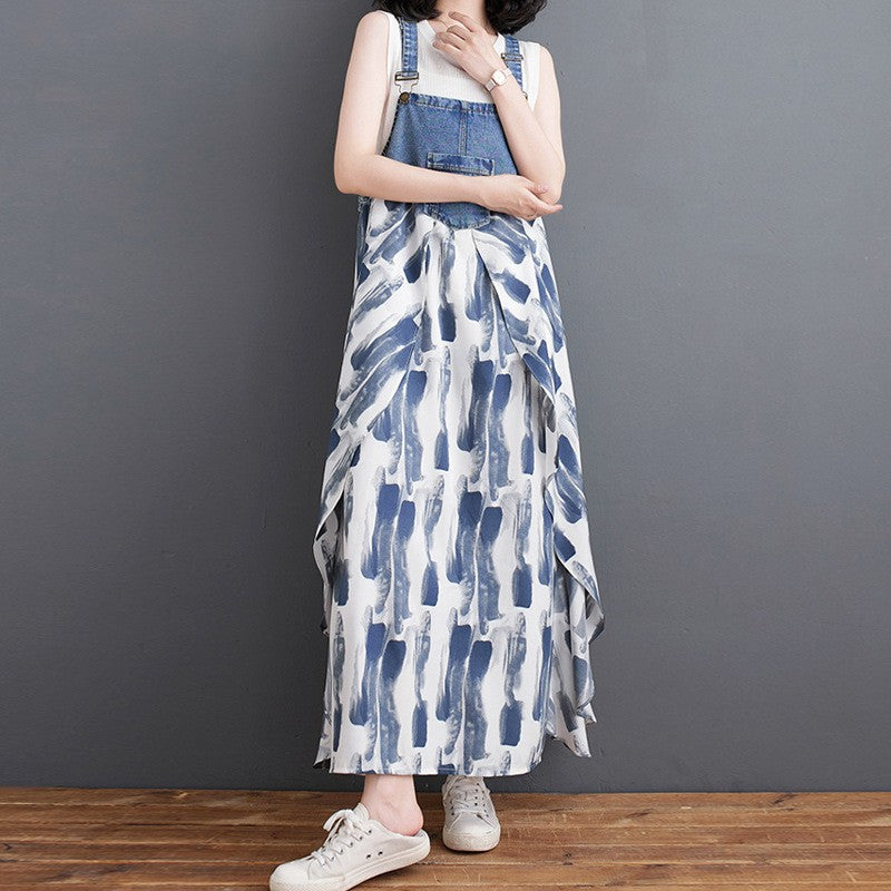 Color Loose Denim Stitching Floral Strap Dress