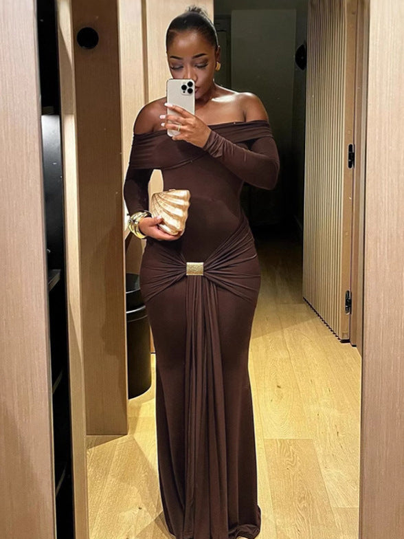 Women's Fashion Temperament Solid Color Long Sleeve Dress