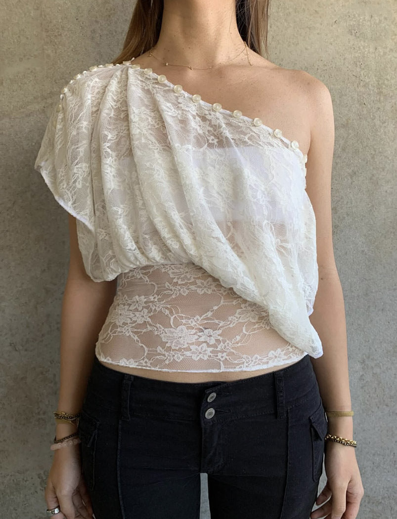 Trendy American Hot Button Diagonal Collar Women's T-shirt