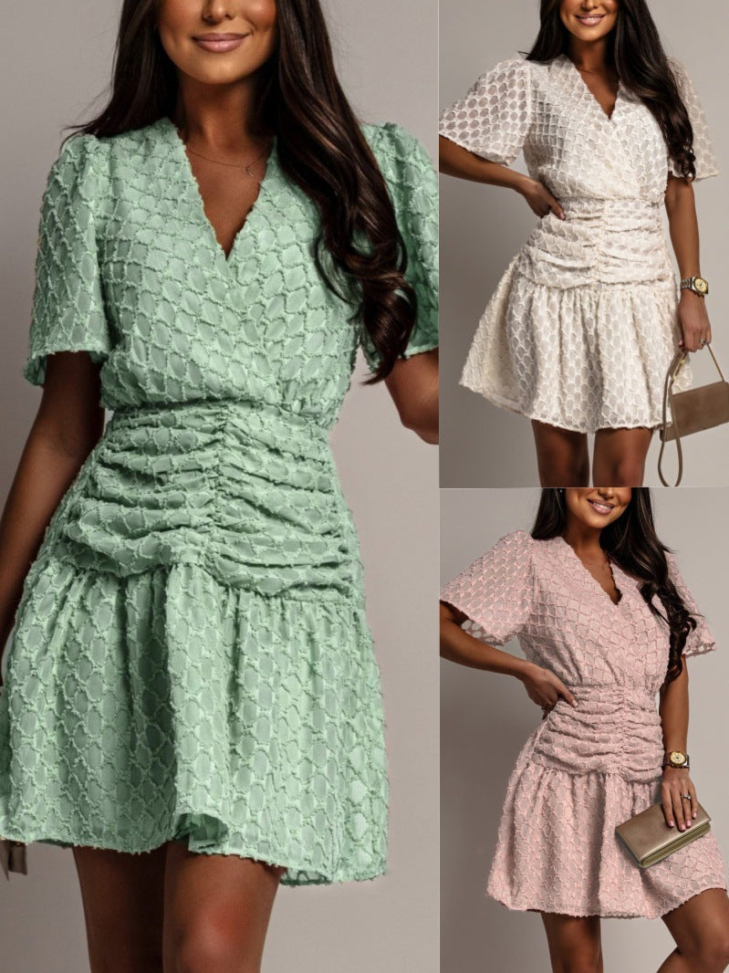 Solid Color Waist Trimming Short-sleeved Plaid Fashion Casual Dress