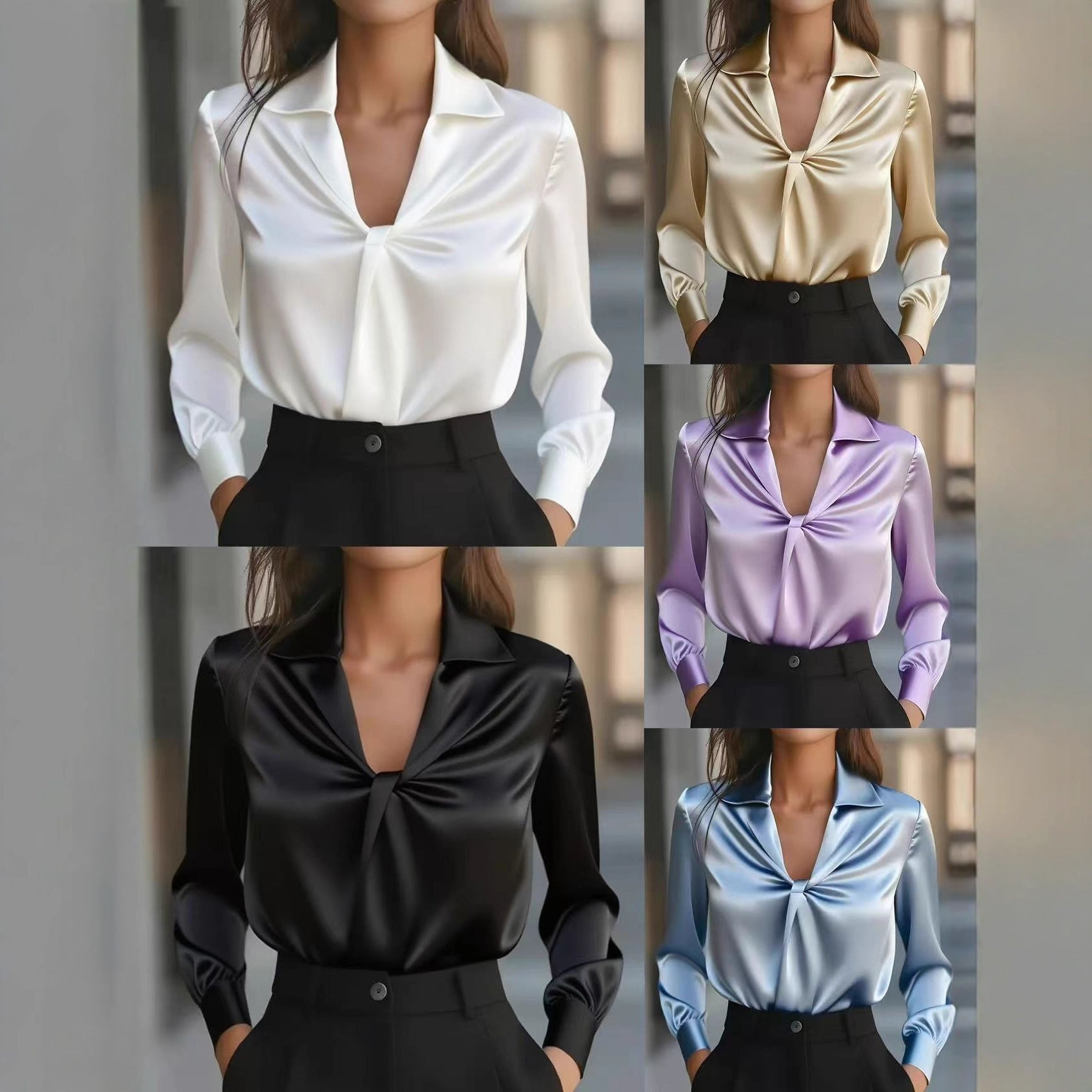 Women's Temperament Pure Color Satin Pleated Long Sleeve Blouse