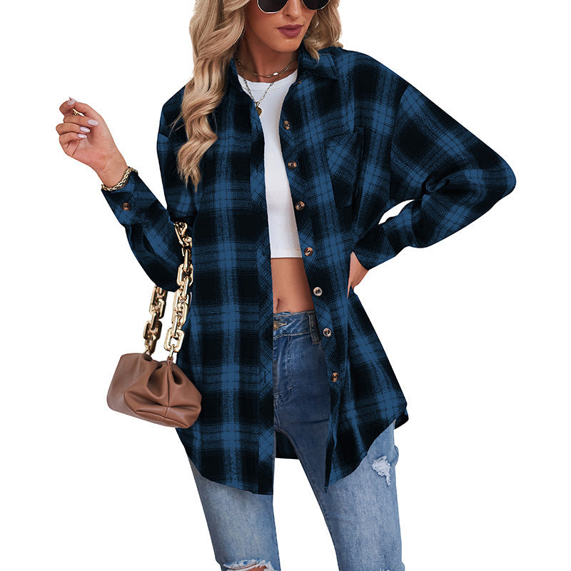 Women's Casual Boyfriend Style Loose Plaid Shirt Blouse
