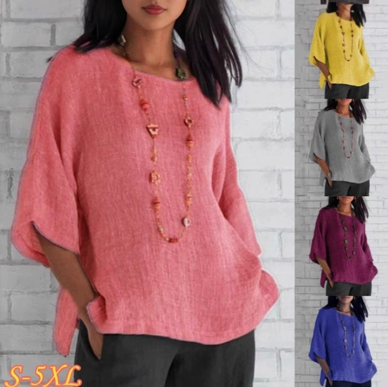 Women's Retro Shirt Three-quarter Sleeve Round Neck Cotton Blouse
