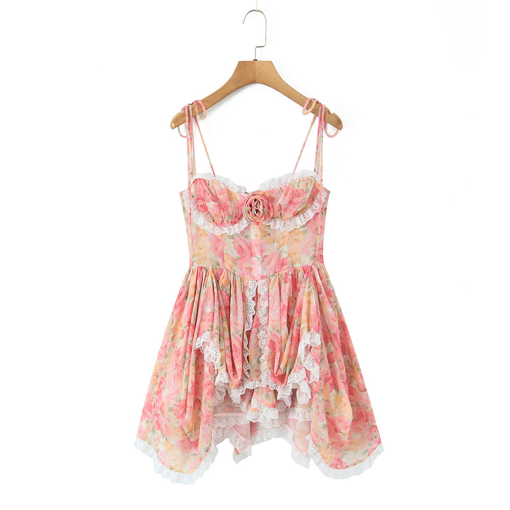 Women's Lace Irregular Flower Waist Trimming Spaghetti Dress