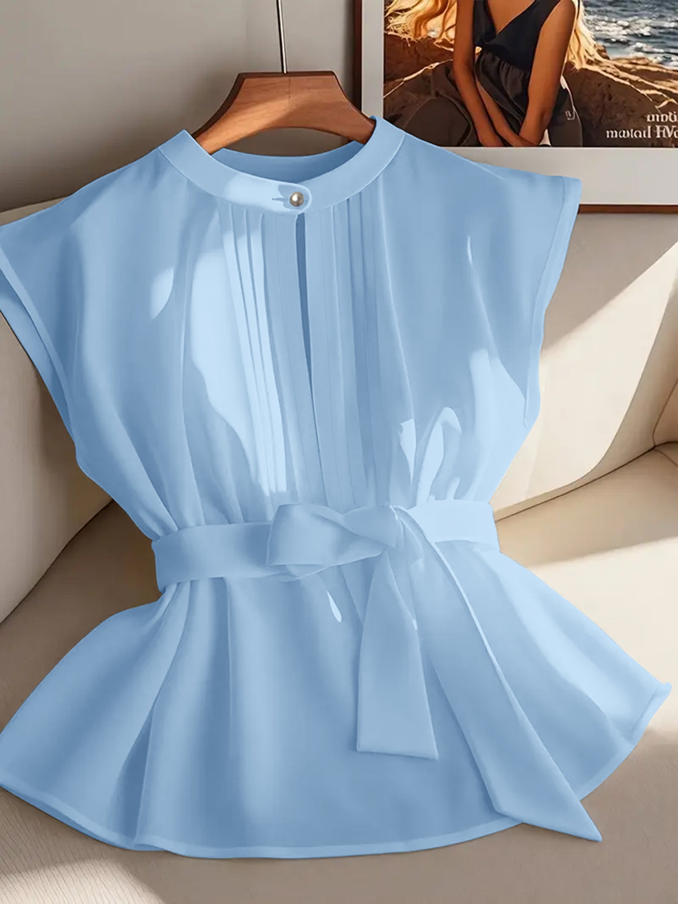 Women's Solid Color Sleeveless With Belt Pleated Blouse