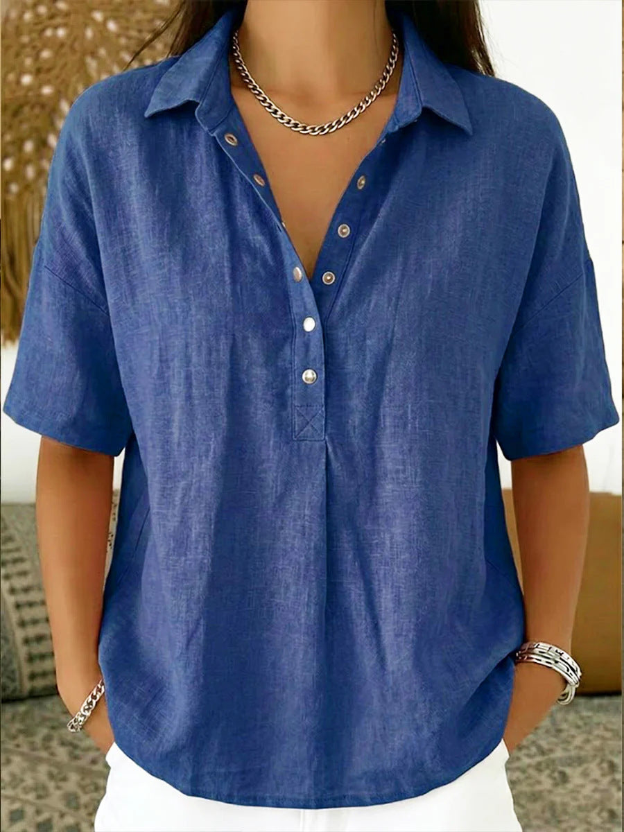 Women's Summer Loose Comfortable Lapel Sleeve Solid Color Blouse