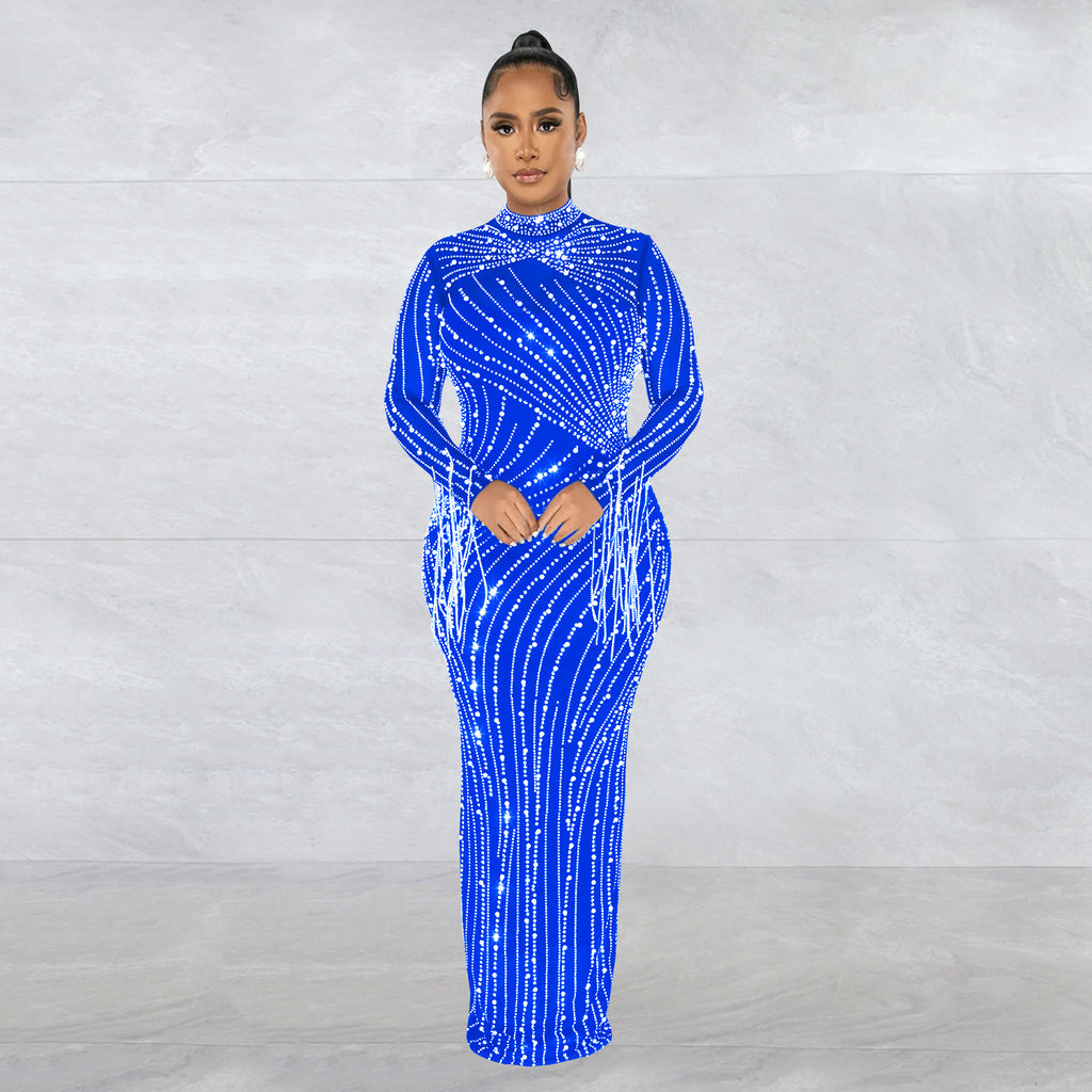 Women's Mesh Hot Drilling Long Sleeve Lining Two-piece Dress