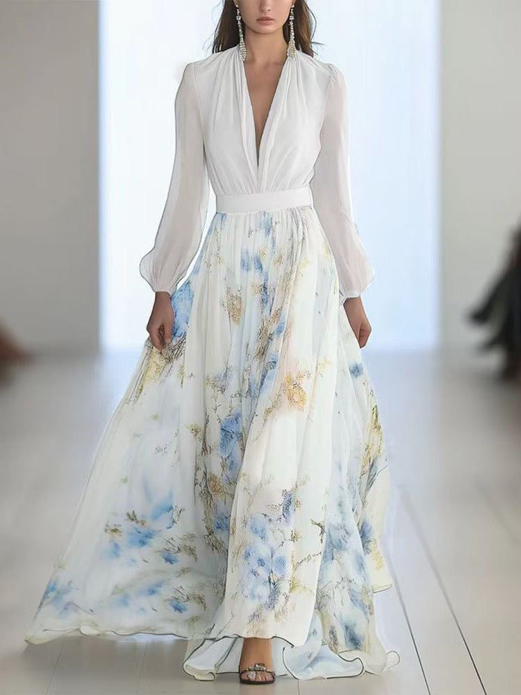 Women's Summer Digital Printed Long-sleeved Stitching Dress