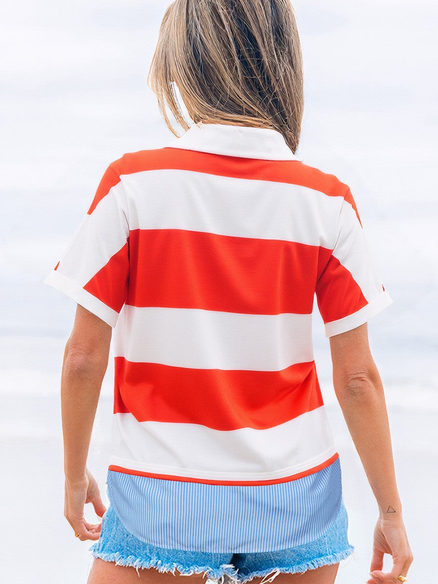 Women's Summer Deep Fashion Trend Stripes Printed Loose Women's T-shirt