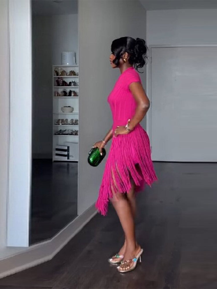 Women's Summer Design Stitching Shoulder Solid Color Sexy Knitted Dress