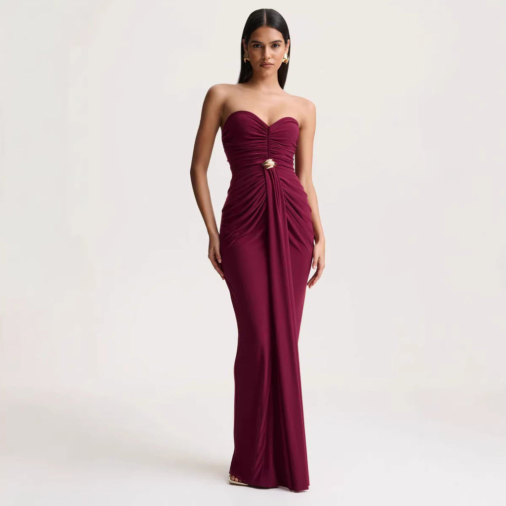 Women's Solid Color Sleeveless Pleated Waist Tight Ribbon Sexy Tube Dress