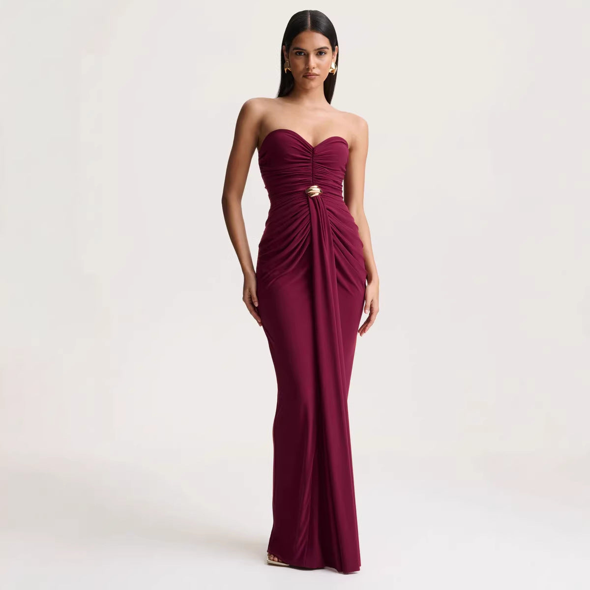 Women's Solid Color Sleeveless Pleated Waist Tight Ribbon Sexy Tube Dress