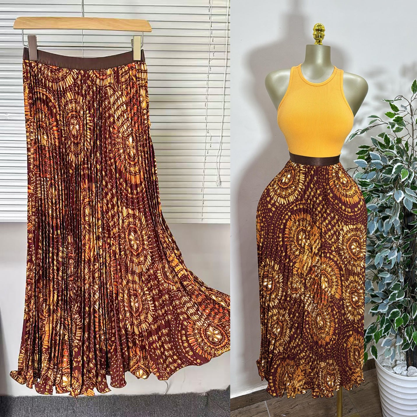 Women's Retro Printed High Waist A- Line Mid-length Pleated Large Hem Skirt
