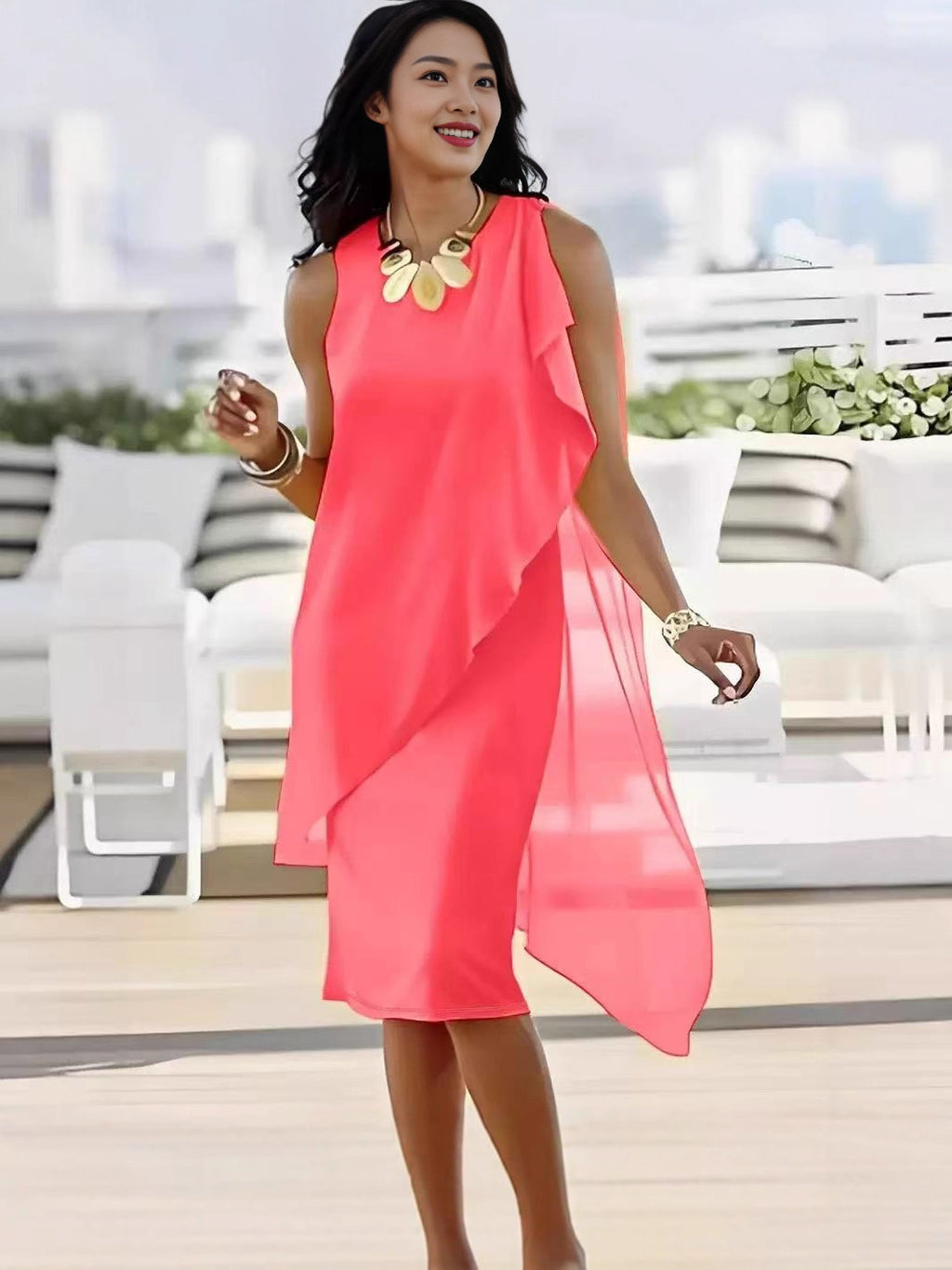 Summer Fashionable Elegant Irregular Chiffon Sleeveless Dress