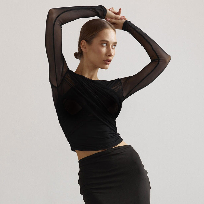 Women's Autumn Pure Color Mesh Sexy Pleated Tops