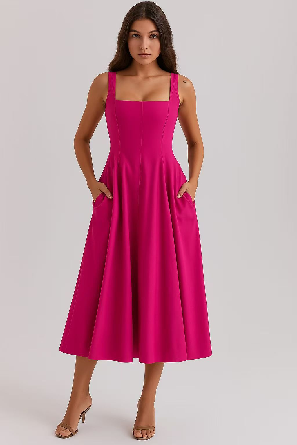 Slim Fit High Waist Midi Printed Dress