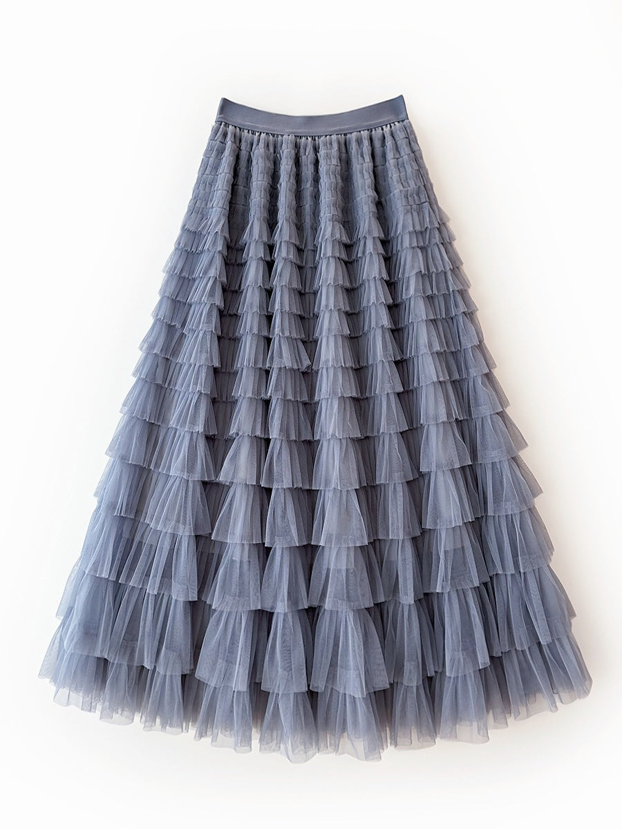 Women's Long Autumn Elegant Solid Color High Waist Net Yarn Cake Skirts