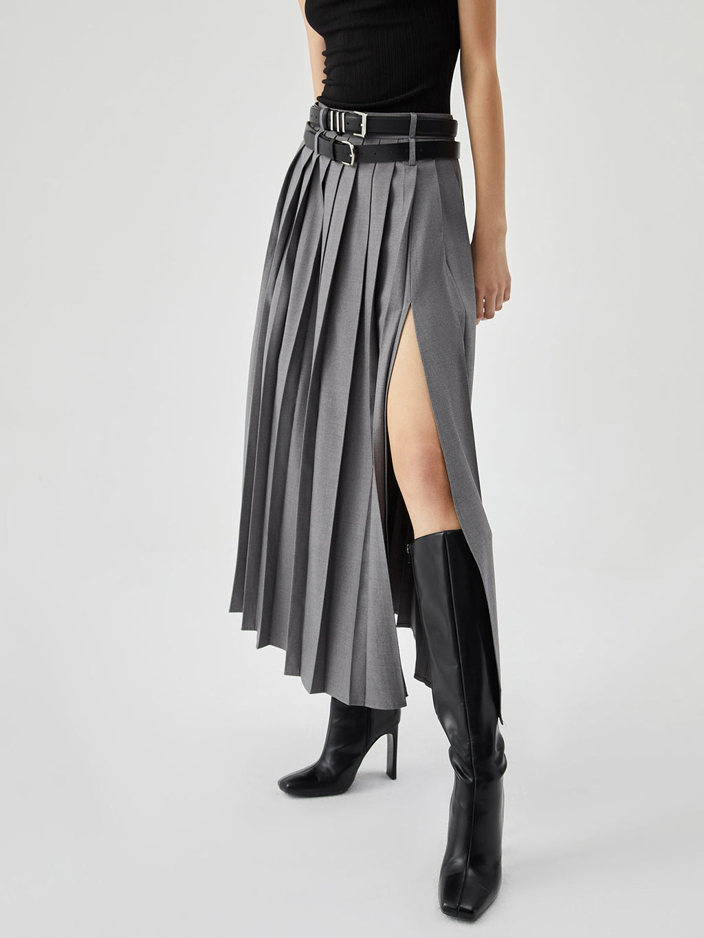 Women's Gray Pleated High Waist Slimming Slit Skirt