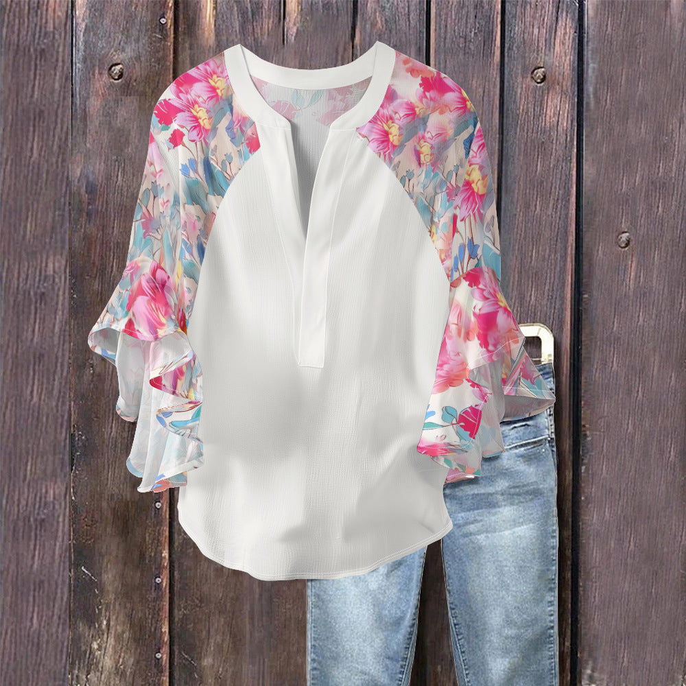 Women's Floral Element Print Casual Trend Lotus Tops