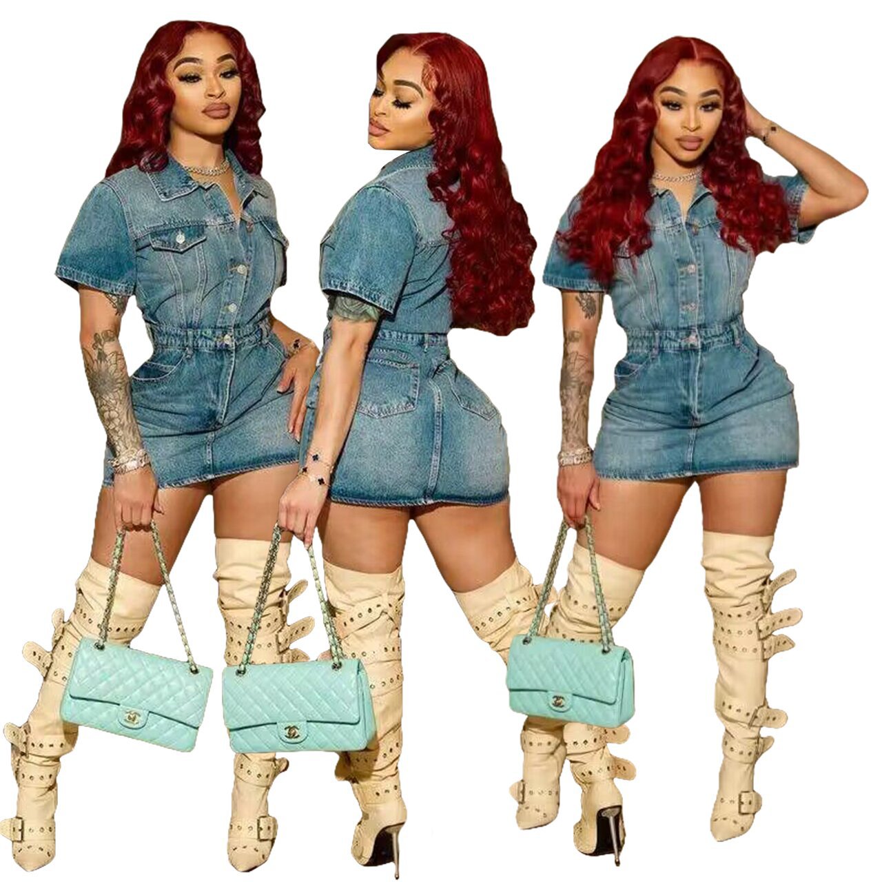 Denim Sleeve Fashion Slim Fit Elastic Skirts