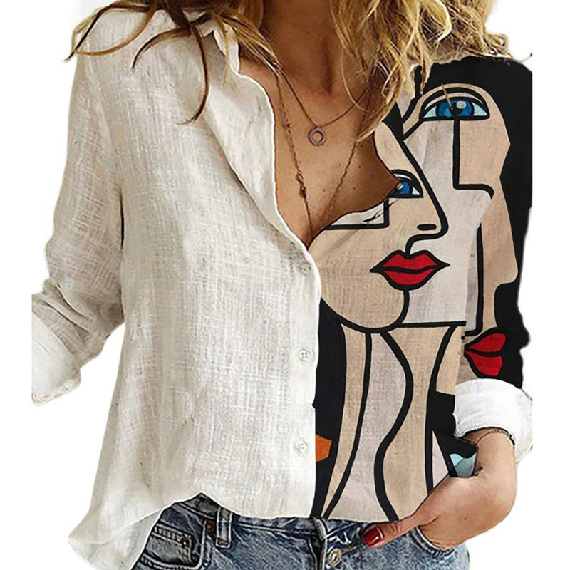 Classic Women's Shirt Printed Long-sleeved Casual Blouse