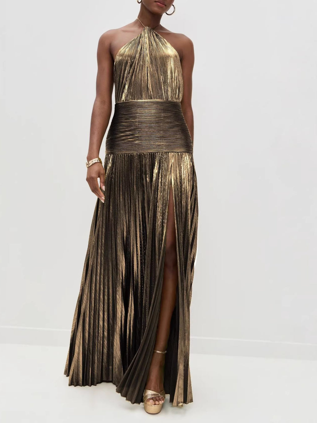 Women's Metallic Pleated Split Halter Sleeveless Backless Dress