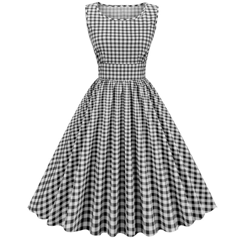 Pink Plaid Sleeveless Patchwork Retro Large Dress