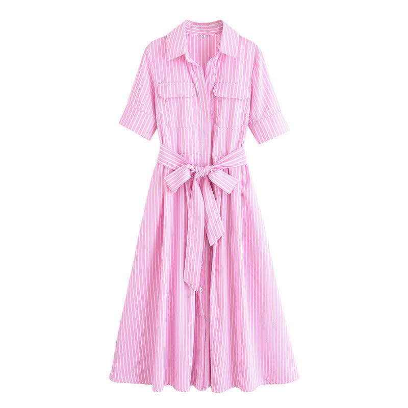 Fashion Polo Collar Single-breasted With Belt Shirt Dress