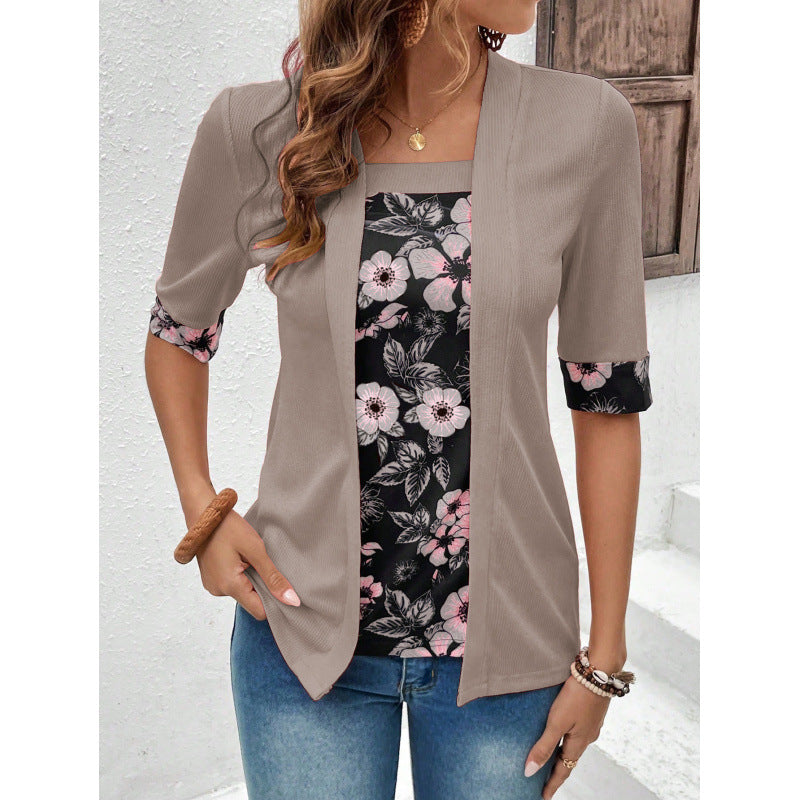 Women's Summer Fake Two-piece Sleeve Printed T-shirt Blouse