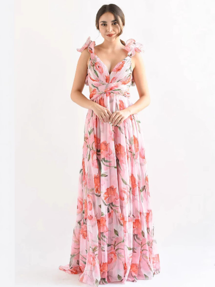 Women's Deep V Chiffon Long Printed Sleeveless Elegant Dress