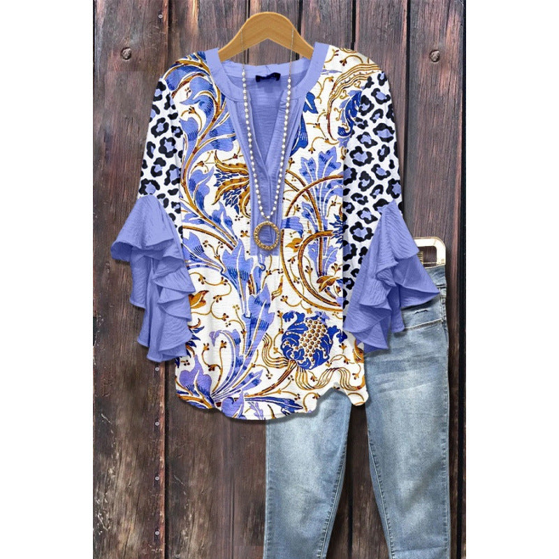 Women's Bubble Wrinkle Floral Element Digital Printing Casual Trend Women's T-shirt