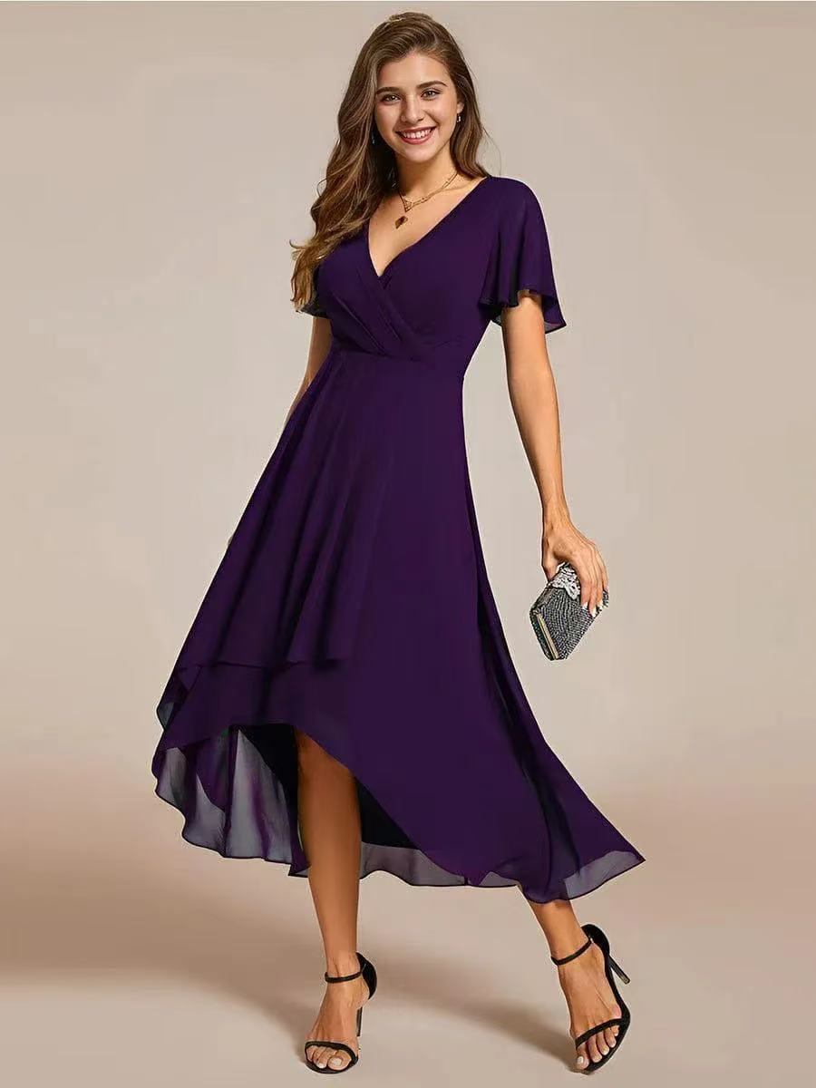 Summer Solid Color Ruffle Sleeve Chiffon Dress