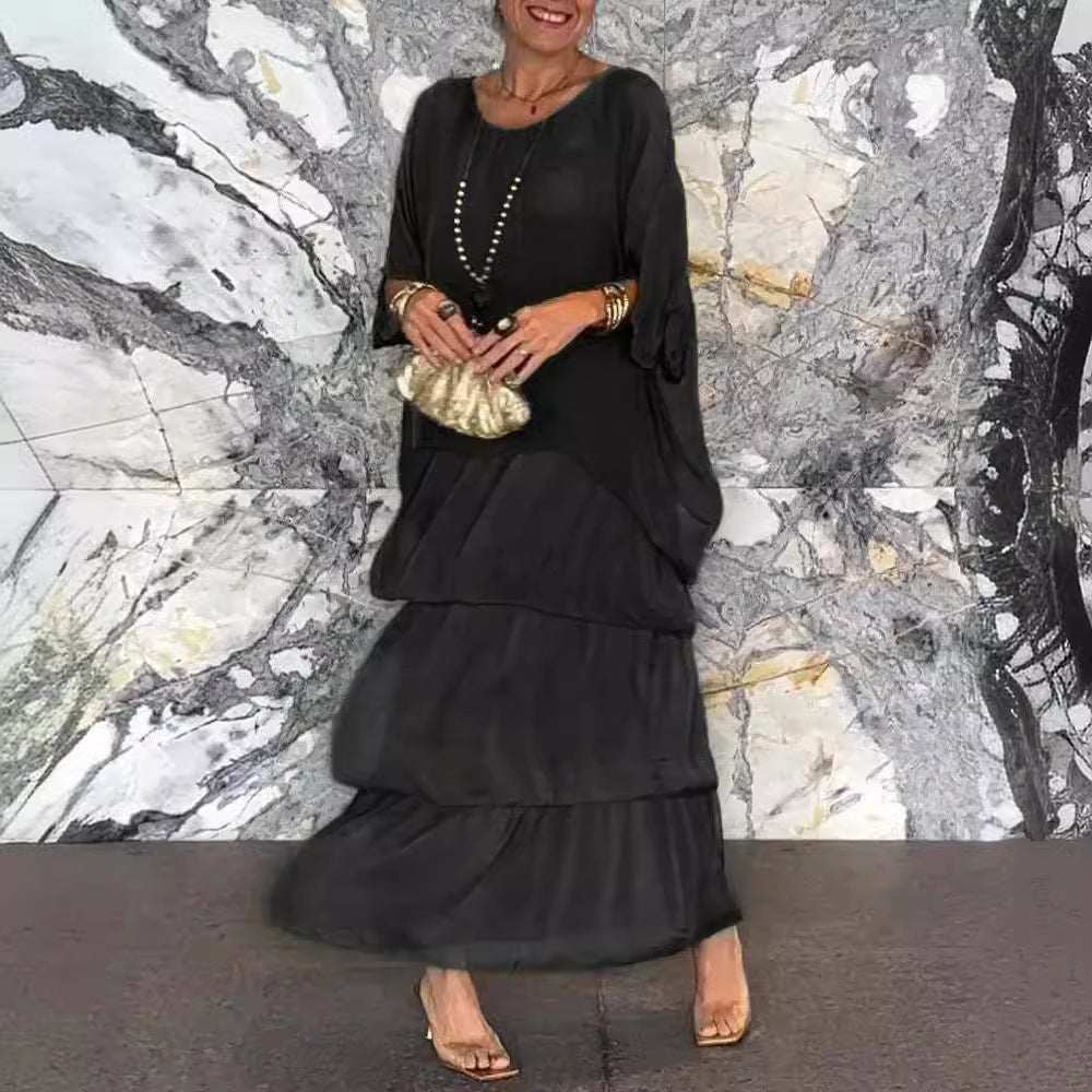 Fashion Chiffon Mesh Batwing Sleeve Long Dress