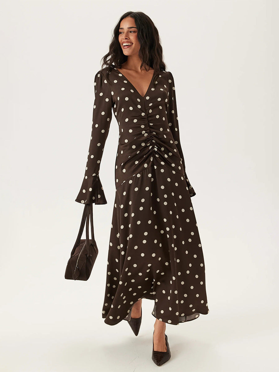 Women's Polka Dot Long Sleeve Summer Pleating Flared Sleeves Dress