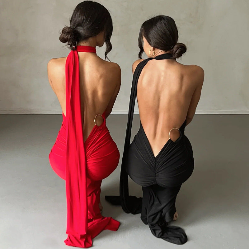 Women's Summer Sexy Backless Pleated Slim Sleeveless Elegant Dress