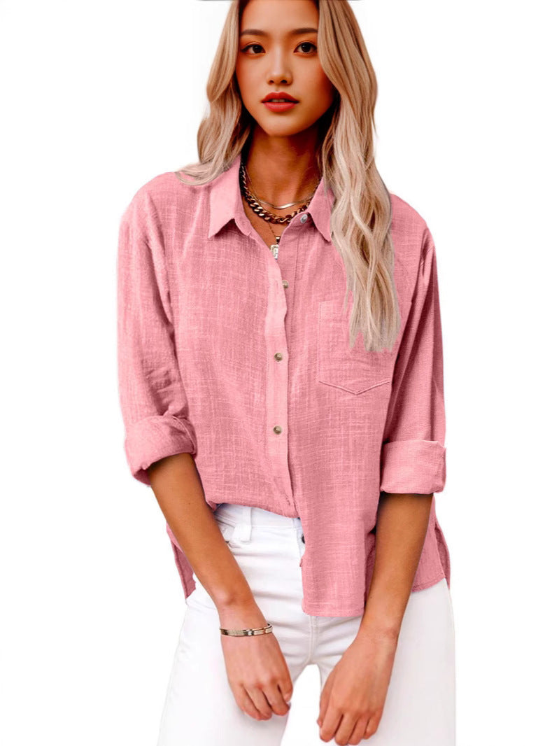 Women's Autumn Pocket Split Long Sleeve Cotton Blouse