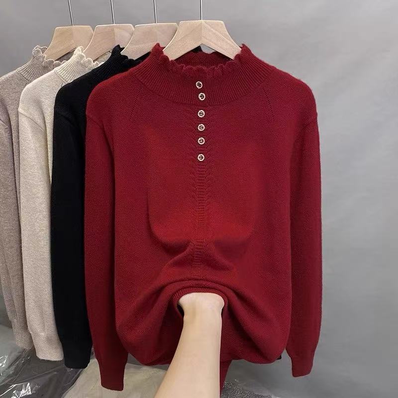 Women's Large Button Mock Neck Leisure Knitted Knitwear