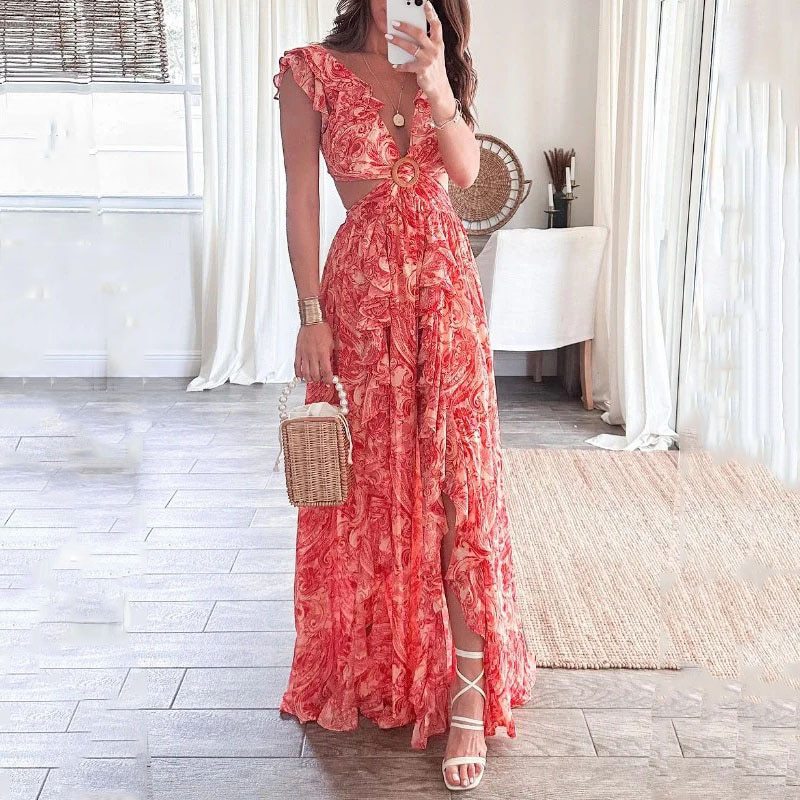 Women's Spring Fashion Printed Ruffled Split Dress